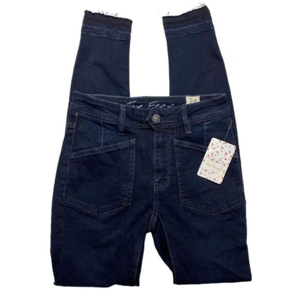 Free People Skinny Ankle Jeans Women's 24 XS Dark Blue Mid-Rise Frayed-Hem NEW